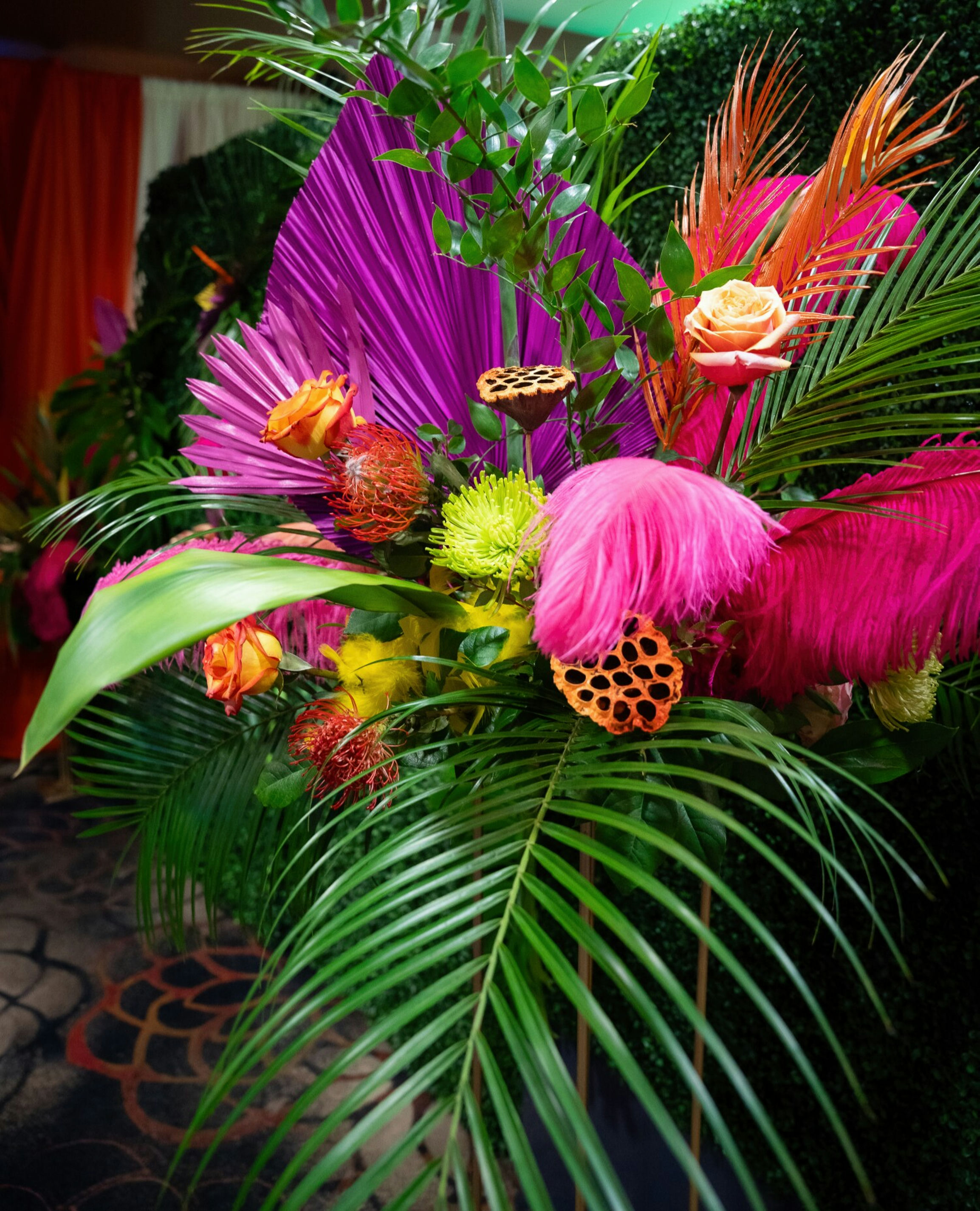 Rio Carnival immersive decor with Brazilian design accents and dramatic lighting, custom casino VIP event production