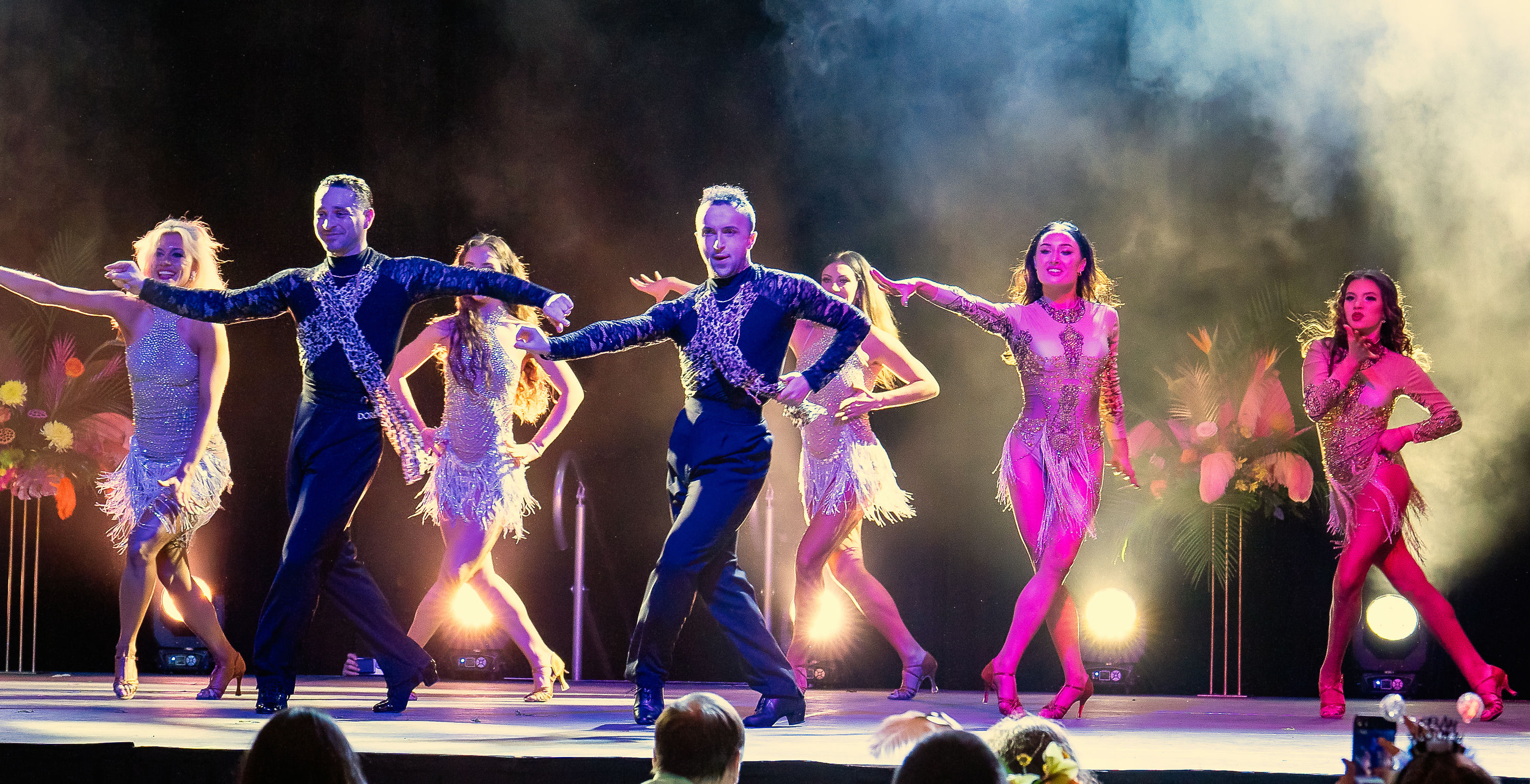 Six samba dancers performing world-renowned choreography at Rio Carnival NYE casino celebration